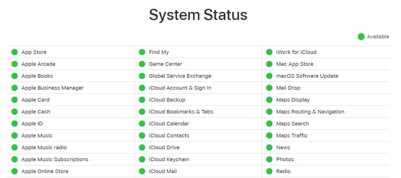 iPhoneの更新をチェックできないAppleのシステムステータスページにアクセス