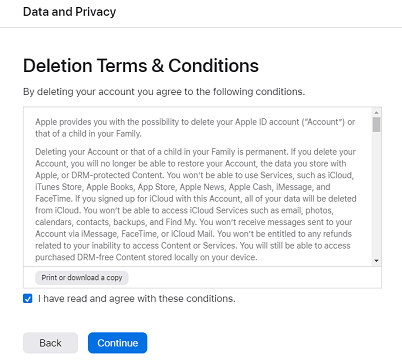 Appleアカウントの削除条件に同意する