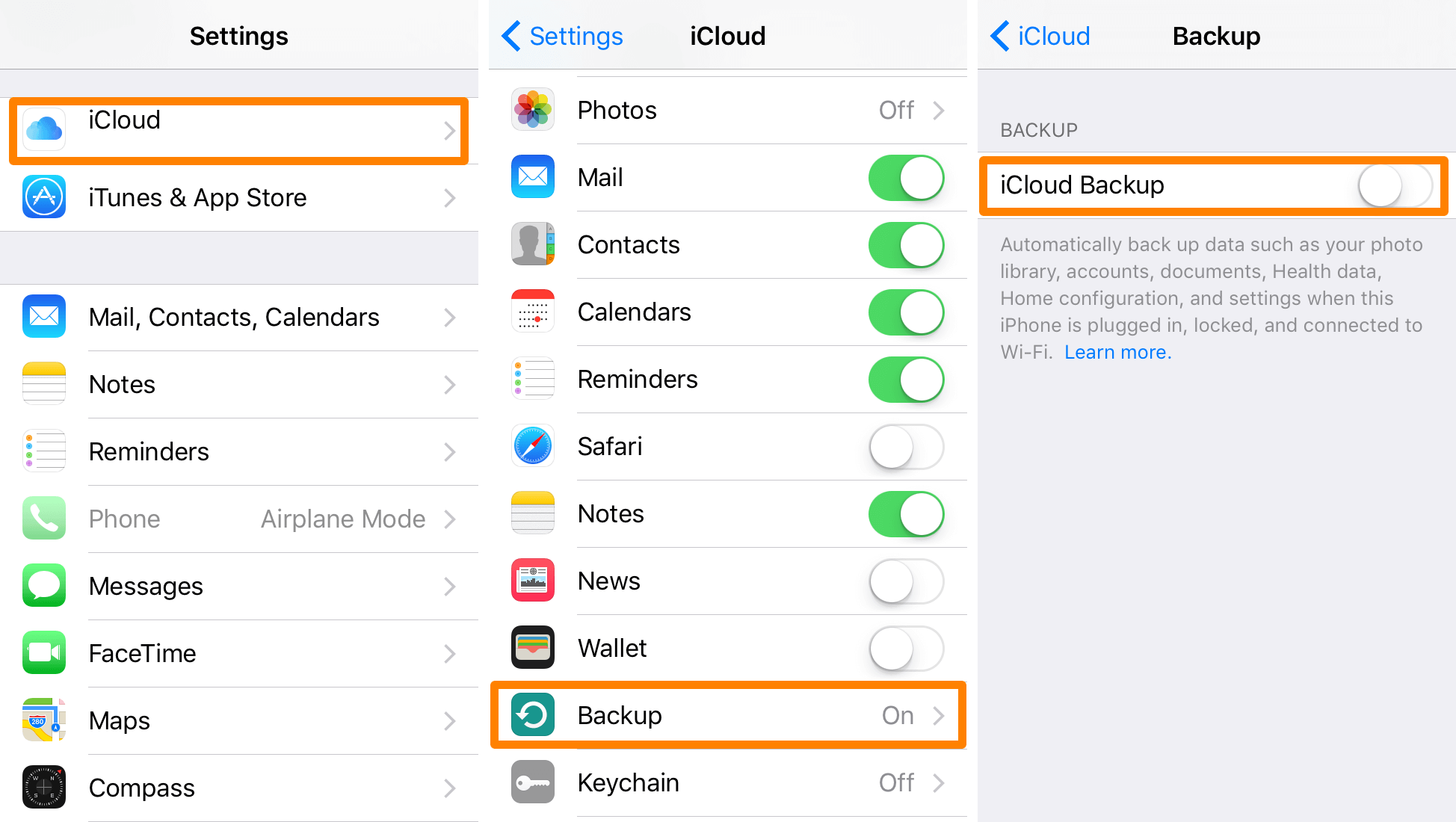 iCloudバックアップを無効にします 
