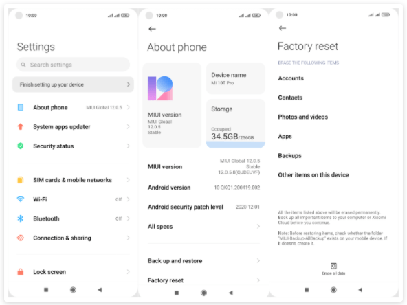 Xiaomi Googleアカウントを削除するための工場出荷時リセット