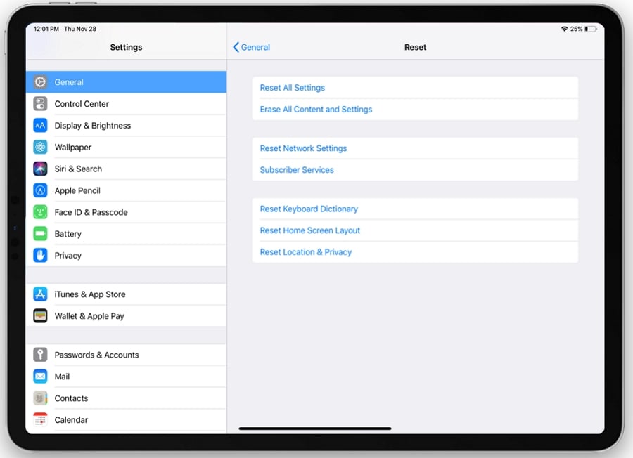 iPadのすべての設定をリセットします