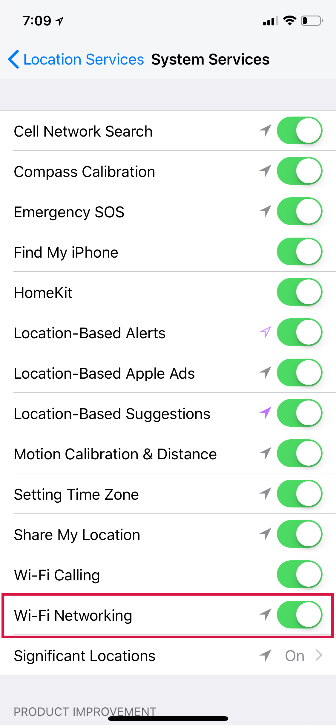 iPhoneの設定ロケーションサービスwi fiネットワーキング