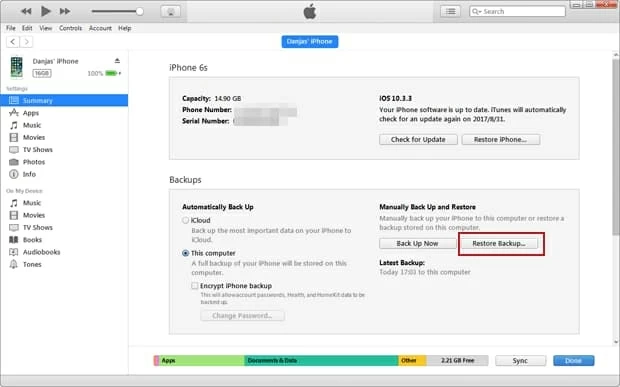 iTunesを使用してiPhone 7の連絡先を復元します