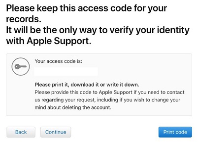 Apple IDアカウントの削除のアクセスコードを受信します