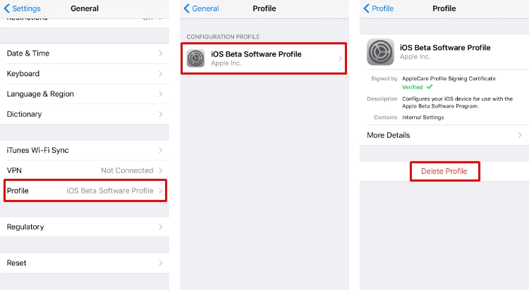 iPhoneの更新を確認できないベータプロファイルを削除する