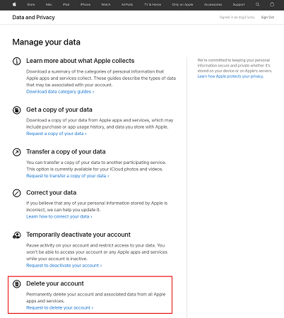 AppleアカウントとApple IDを削除するリクエスト