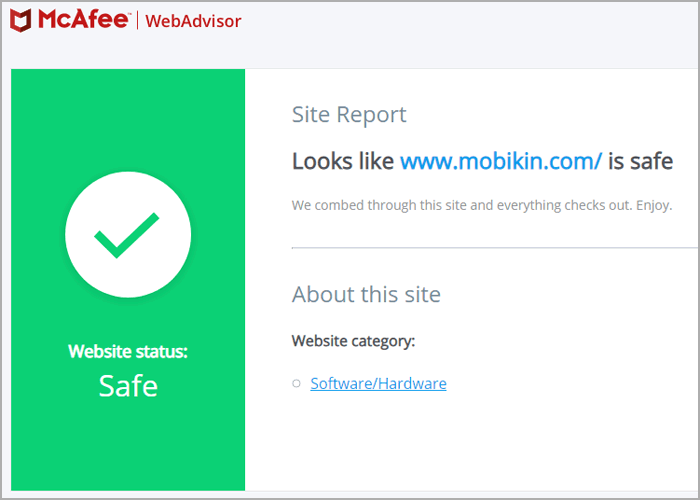 McAfeeからのWebサイトテストレポート