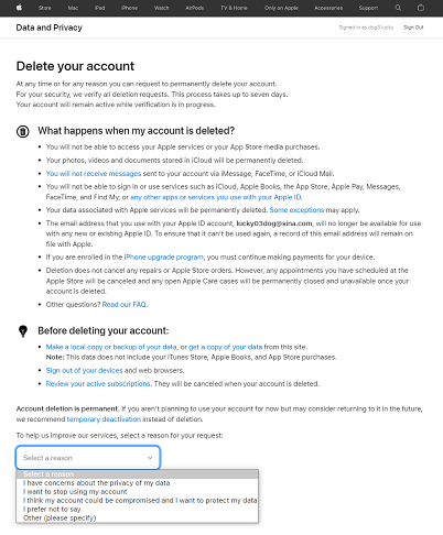 Apple IDを削除する理由を選択します