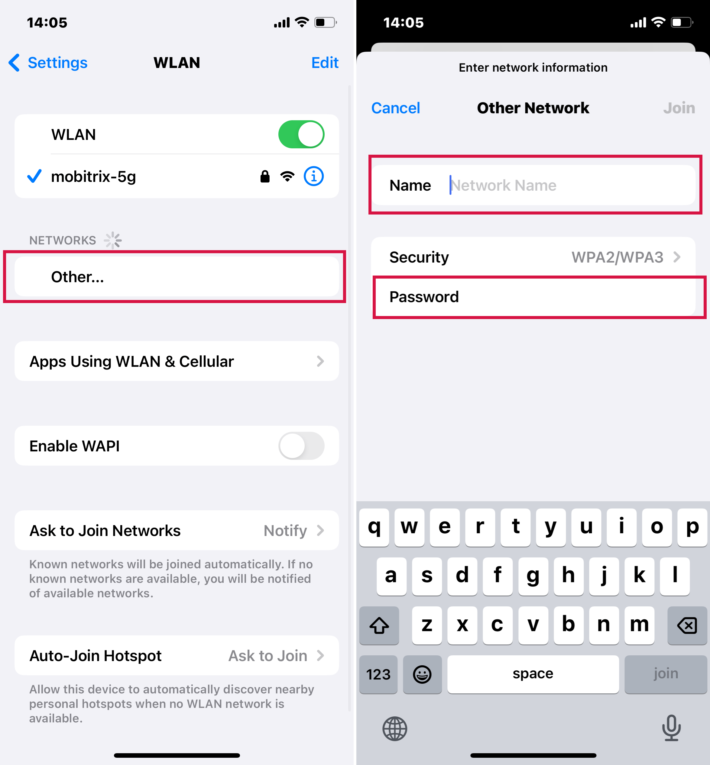 iPhoneの非表示ネットワークに接続する手順ネットワーク名を入力する