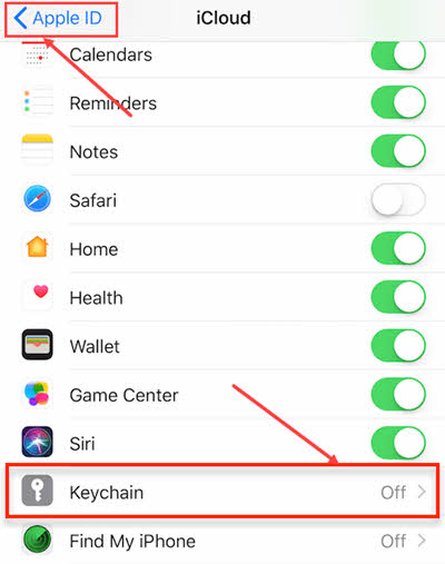 iCloudキーチェーンをオフにします
