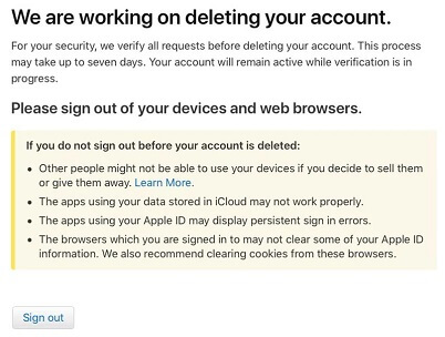 Apple IDアカウントの削除に取り組むときにサインアウトします